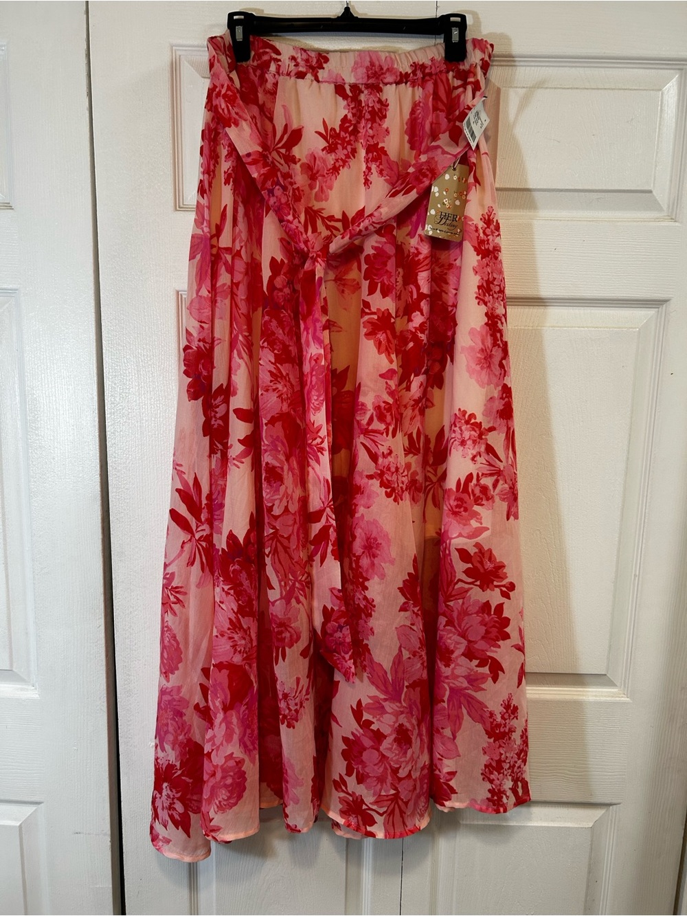 Pink Floral Tiered Maxi Skirt with Elastic Waist